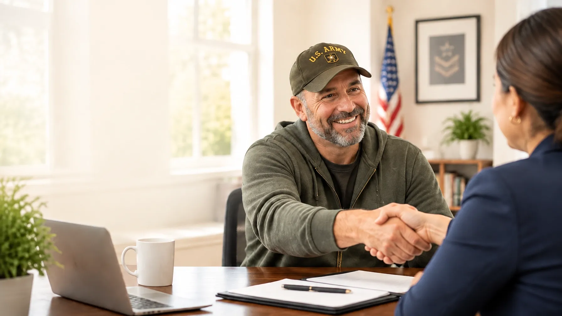 A veteran meeting with an advocate in a welcoming office